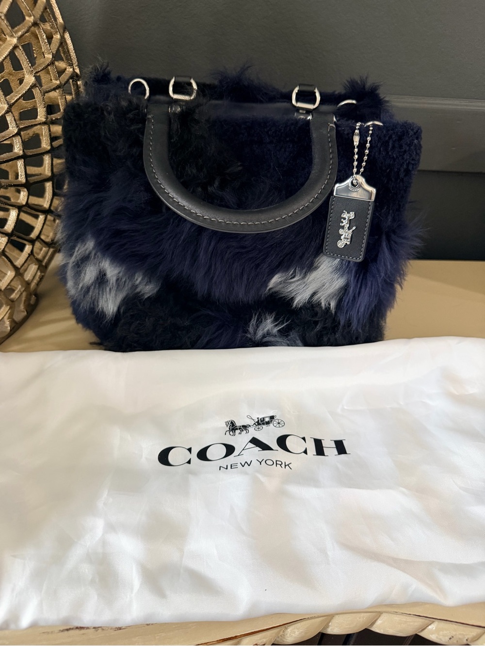 Coach Shearling Patchwork Rogue 25 Navy & Black w/Silver hardware | NWT - Picture 2 of 9